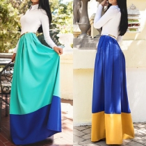 Elegant Contrast Color Lapel Long Sleeves Maxi Dress