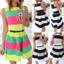 Fashion Sleeveless Round Neck Striped Dress