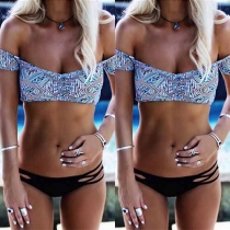 Sexy Off-shoulder Printed Bra + Low-waist Briefs Bikini Set