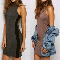 Fashion Contrast Color Sleeveless Mock Neck Slim Fit Tank Dress
