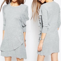 Fashion Solid Color Round Neck 3/4 Sleeve Ruffle Dress