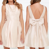 Fashion Solid Color Round Neck Sleeveless Backless Bowknot Dress