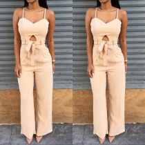Sexy Solid Color V-neck Hollow Out Sling Jumpsuit with Waist Strap