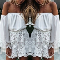 Sexy Solid Color Off Shoulder Long Sleeves Lace Spliced Romper