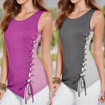 Fashion Style Contrast Color Round Neck Sleeveless Side Strappy Tops