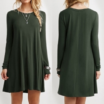 Concise Style Solid Color Round Neck Long Sleeve Dress