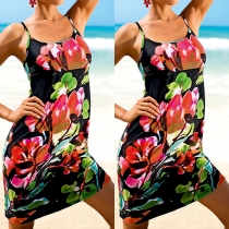 Sexy Round Neck Sleeveless Flowers Printed Sling Dress