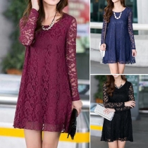 Elegant Solid Color Round Neck Long Sleeve Lace Dress
