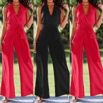 Fashion Solid Color V-neck Sleeveless Halter Jumpsuit with Waistband