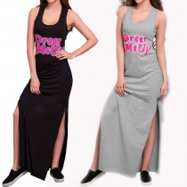 Sexy Round Neck Sleeveless Letters Printed Hollow Out Slit Hem Maxi Dress