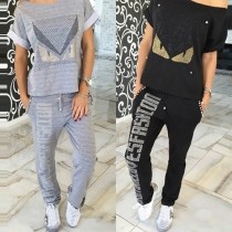 Chic Style Backless T-shirt + Letters Printed Pants Two-piece Set