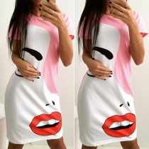 Fashion Contrast Color Short Sleeve Round Neck Printed Dress
