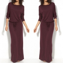 Casual Style Solid Color Long Sleeve Gathered Waist Maxi Dress