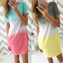 Chic Style Short Sleeve Round Neck Color Gradient Dress