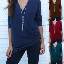 Fashion Solid Color Long Sleeve Crossover V-neck T-shirt