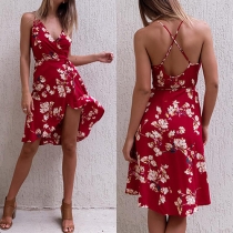 Sexy Backless Deep V-neck Slit Hem Sling Printed Dress