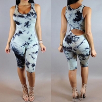 Sexy Hollow Out Sleeveless Round Neck Slim Fit Printed Rompers