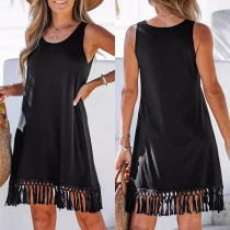 Chic Style Sleeveless Round Neck Tassel Hem Solid Color Dress