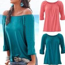 Sweet Style Half Sleeve Round Neck Solid Color T-shirt