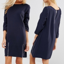 Fashion Solid Color 3/4 Sleeve Round Neck Dress