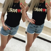Fashion Sequin Letters Printed Short Sleeve Round Neck T-shirt