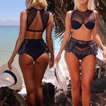 Sexy See-through Gauze Lace Spliced High Waist Bikini Set