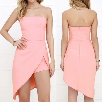 Sexy Strapless Irregular Hem Solid Color Rompers