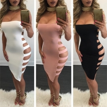 Sexy Strapless Hollow Out Solid Color Bodycon Dress
