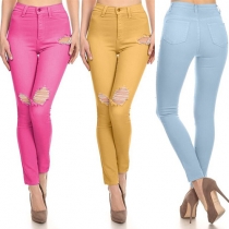 Fashion Candy Color High Waist Slim Fit Ripped Skinny Jeans