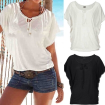 Fashion Style Solid Color Round Neck Bat Sleeve Tops