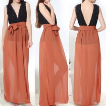 Sexy Deep V-neck Backless Tops Gathered Waist Maxi Dress Two Pieces Set