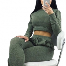 Trendy Solid Color Long Sleeve Crop Tops Pants Two Pieces Set