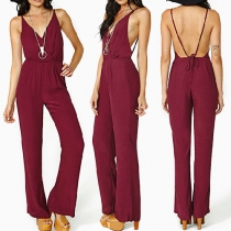 Sexy Solid Color V-neck Sleeveless Backless Sling Jumpsuit