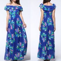 Elegant Off Shoulder Chiffon Printed Gathered Waist Maxi Dress