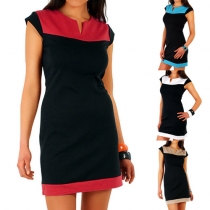Fashion Style Hit Color V-neck Cap Sleeve Dress