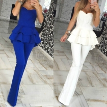 Sexy Solid Color Peplum Sling Tops and Pants Two Pieces Set