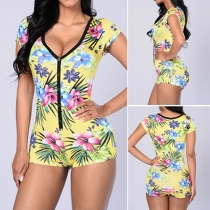 Sexy V-neck Short Sleeve Slim Fit Printed Rompers