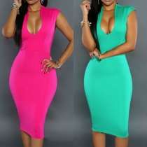 Sexy Deep V-neck Sleeveless Solid Color Bodycon Dress