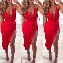 Sexy Backless Deep V-neck Irregular Hem Sling Party Dress