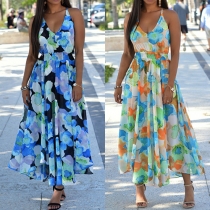 Sexy Backless V-neck Slit Hem Printed Beach Dress