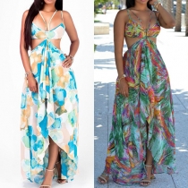 Bohemian Style Backless V-neck Irregular Hem Printed Dress