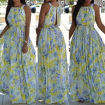 Bohemian Style Sleeveless High Waist Printed Maxi Dress