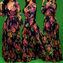 Sexy Deep V-neck Long Sleeve High Waist Printed Maxi Dress