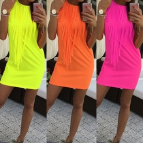 Fashion Solid Color Sleeveless Round Neck Tassel Dress