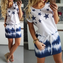 Fashion Stars Printed Short Sleeve Round Neck Color Gradient Dress