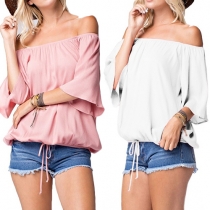 Sexy Boat Neck 3/4 Sleeve Solid Color Chiffon Tops
