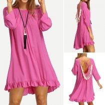 Sweet Solid Color Round Neck Backless Tassel Loose-fitting Dress