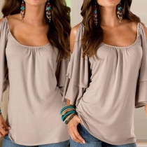 Casual Style Solid Color Round Neck Cold Shoulder Ruffle T-shirt
