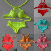Sexy Solid Color Gauze Spliced Halter Bikini Set