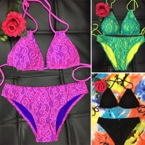 Sexy Hit Color Lace Spliced Halter Bikini Swimsuit Set